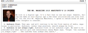 The Mr. Magazine™ Manifesto 2015 as it appeared in min:media industry newsletter Jan. 5, 2015