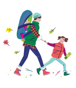 Erin Bried  with daughters, Ellie (5) and Bea (1). The daughters are Kazoo’s Tiny and Teeny Editors. (Illustration by Libby Vanderploeg)